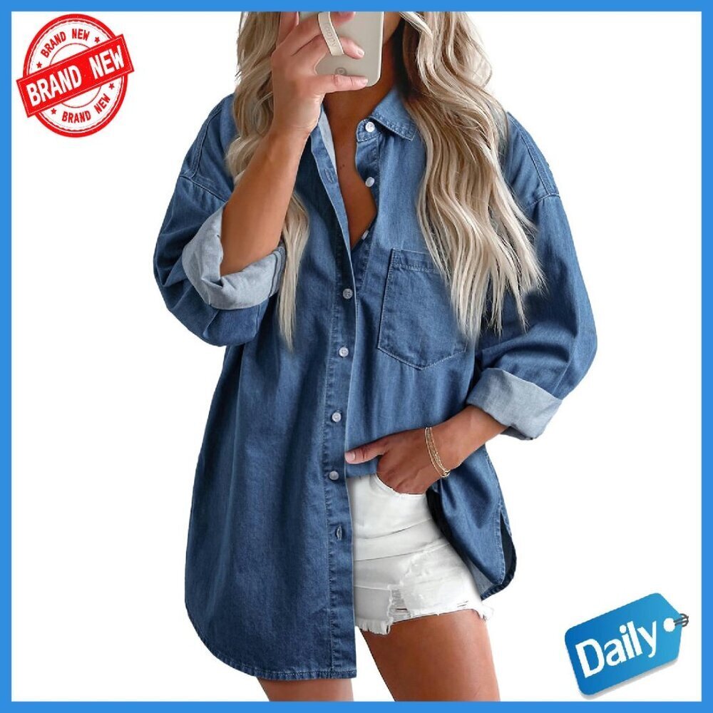 Denim Button Down Shirt Long Sleeve Casual Blouse Loose Fit